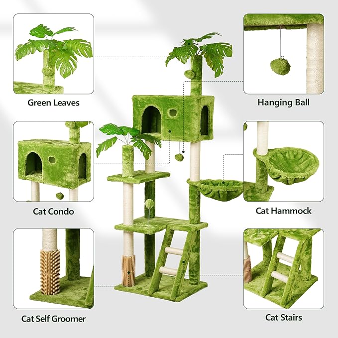 65in Tall Cat Tree with Leaves for Indoor Cats, Hanging Hammock, Cozy Perch - Image 2