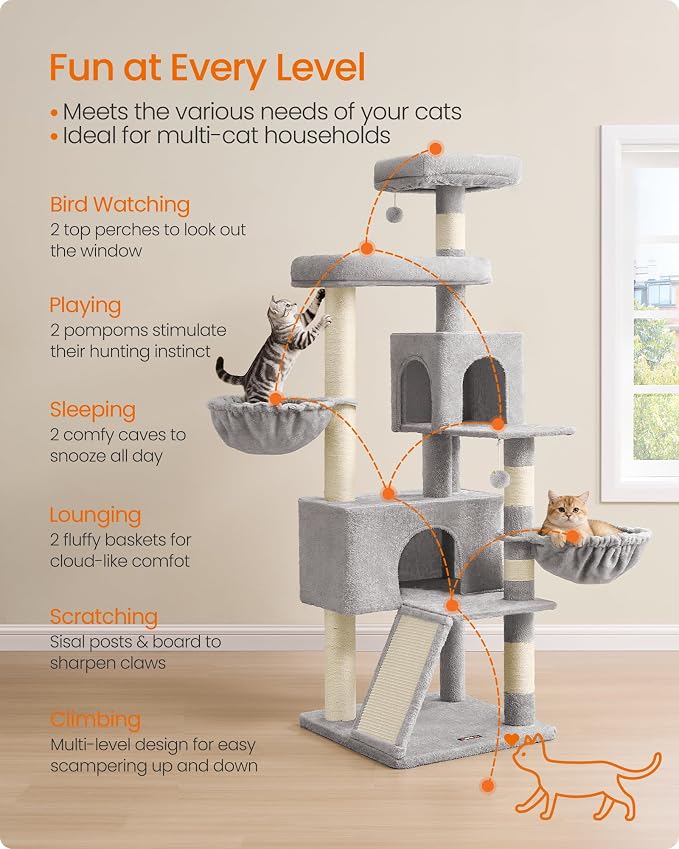 Feandrea Cat Tree, 68.5-Inch Tall Cat Tower, Scratching Posts, Double Caves - Image 4