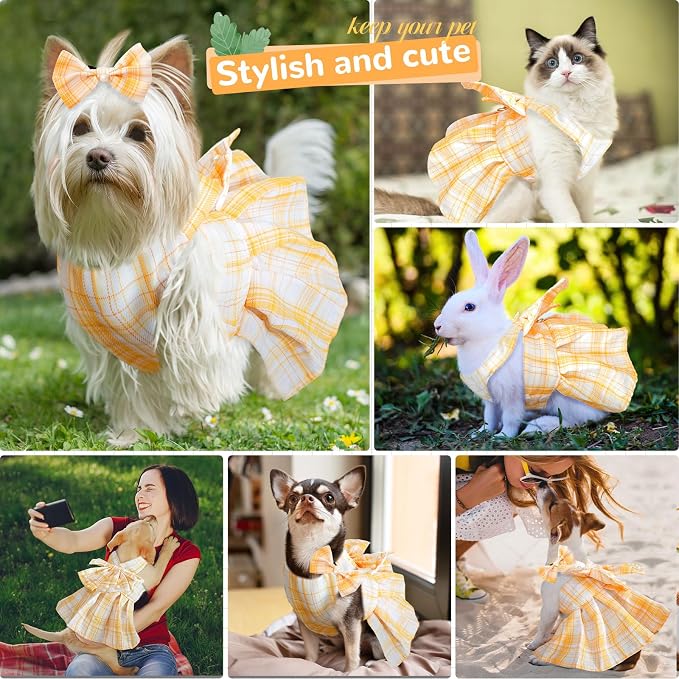 PETCARE Cute Dog Dress Clothes for Small Dogs Cats Girl Female Yellow Plaid Bow - Image 3