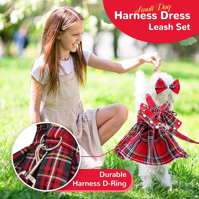 PETCARE Cute Dog Dress Clothes for Small Dogs Cats Girl Female Red Plaid Bow - Image 3