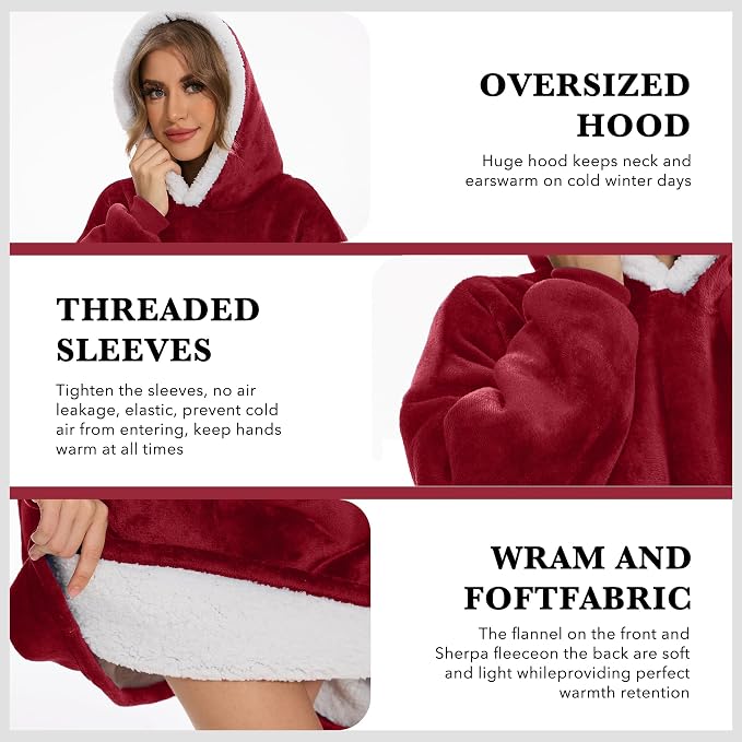 Wearable Blanket Hoodie with Giant Pocket, Soft Warm Sherpa Fleece Oversized - Image 3