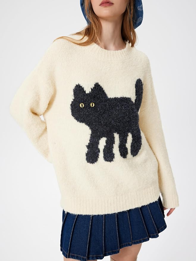 CIDER Women’s Cat Sweater Long Sleeve Crew Neck Fun Graphic Cute Patterned - Image 3