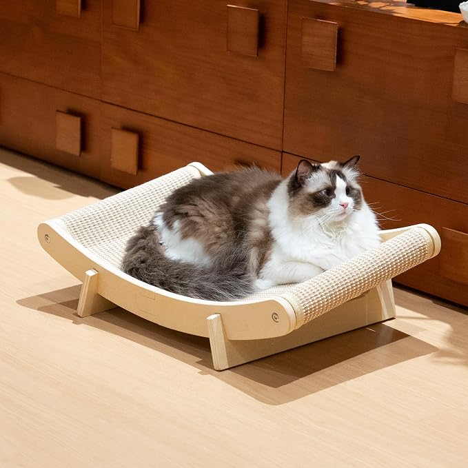 PETKARAY Inclined Sisal Cat Scratcher Bed, Curved Wooden Cat Hammock Chair by PETKARAY