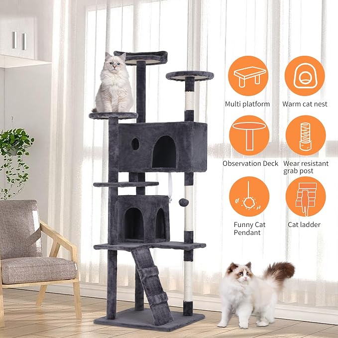 BestPet | 70" Cat Tree Tower | Ashy | Sturdy, Hanging Cat Toys, Observation - Image 5