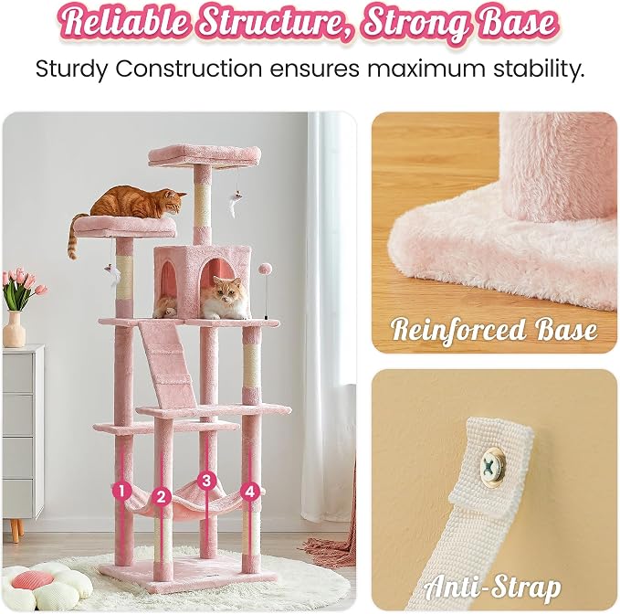 MWPO 70.1-Inch Pink Large Cat Tree, Plush Cat Condo - Image 7