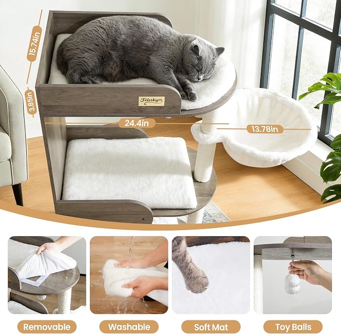 Modern Wood Cat Tree Tower for Indoor Large Cats, Cat Scratching Posts - Image 4
