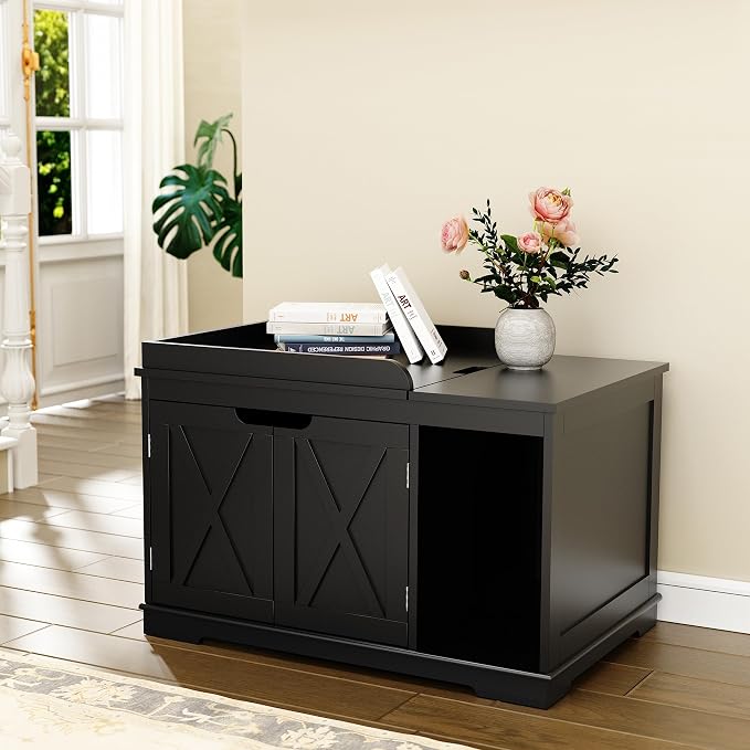 Flip Top Cat Litter Boxes Enclosure Covered Litter Box Hidden Furniture Wooden by PUPETPO