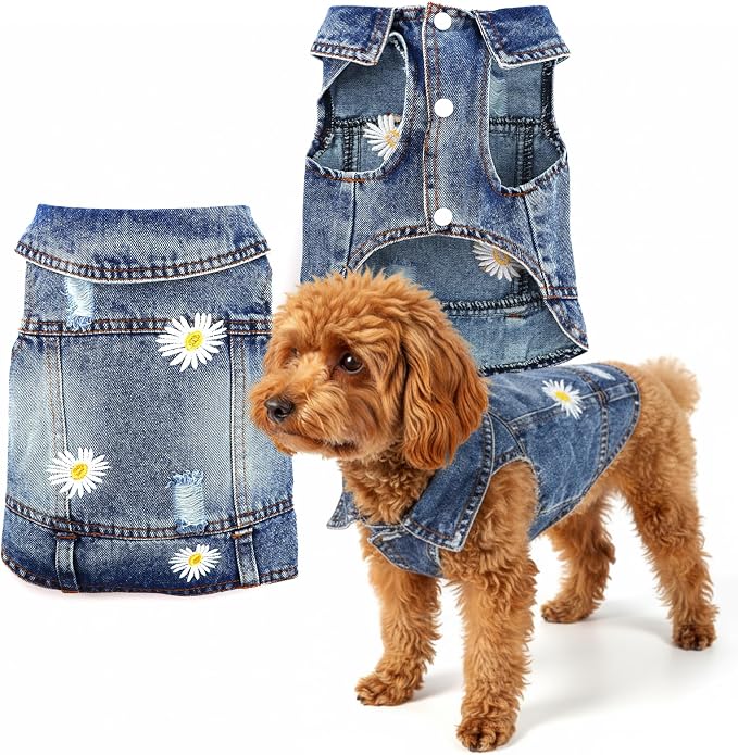 Dog Denim Jacket with Embroidered Daisy, Ripped Vintage Jean Vest - Image 7