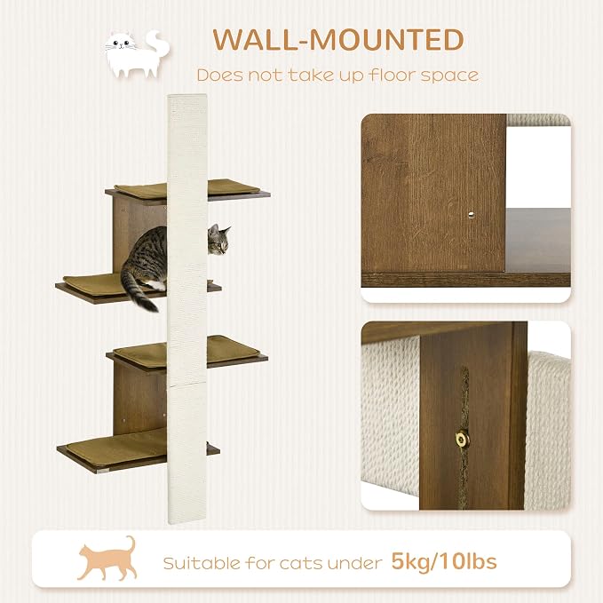 PawHut Wall-Mounted Cat Tree, 4-Layer Cat Wall Shelves Furniture - Image 3