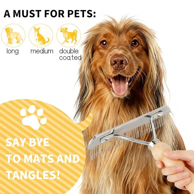 Undercoat Grooming Rake with Anti-Slip Wooden Handle, Steel Comb - Image 4