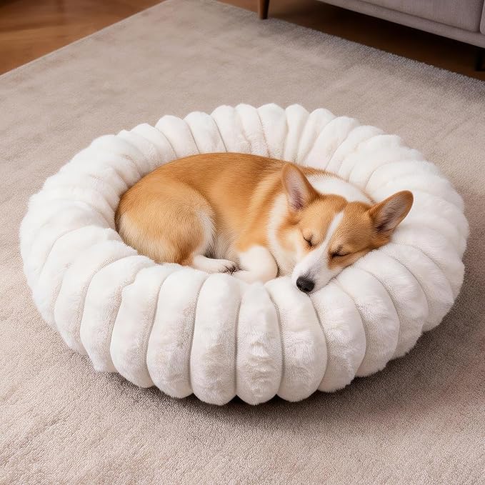 Donut Dog and Cat Bed, Luxurious Comfortable Faux Rabbit Fur Pet Beds, Soft by VhenWhen