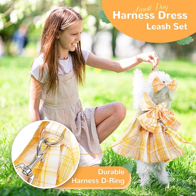 PETCARE Cute Dog Dress Clothes for Small Dogs Cats Girl Female Yellow Plaid Bow - Image 2