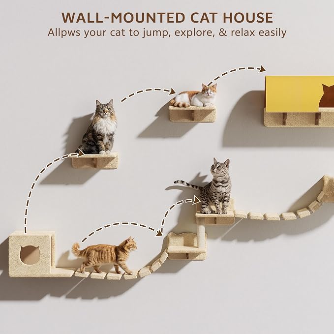 Cat Wall Shelves, Wall Mounted Pet Shelf Furniture w/Plush Fabric, Cats - Image 4