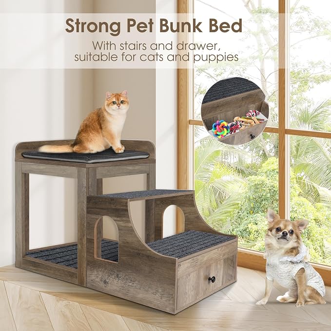 Cat Window Perch with Removable Stairs, Large Pet Bunk Bed with Drawer and - Image 2