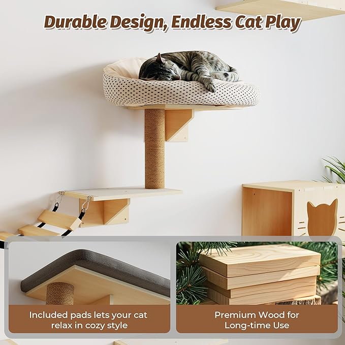 COZIWOW Cat Wall Shelves, 8-In-1 Cat Wall Furniture Set, Wood Large Cat Shelves - Image 3