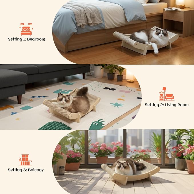 PETKARAY Inclined Sisal Cat Scratcher Bed, Curved Wooden Cat Hammock Chair - Image 7