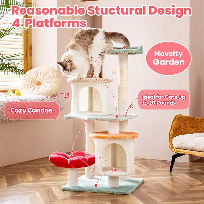 HYABi 42.7 inch Flower Cat Tree Tower Condo Furniture Apartment Plush Habitat - Image 2