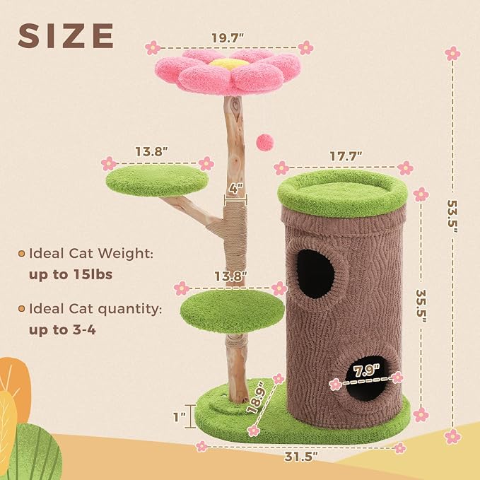 Wood Cat Tree with Flower Perch, 53.5" Modern Cat Tower w/Natural Solid Wood - Image 7