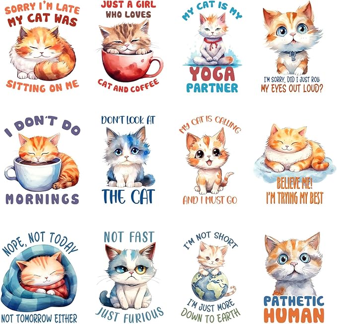 12pcs Cat Kittens Iron On Heat Transfer Stickers Ready to Press Vinyl Decal by Amazingxy