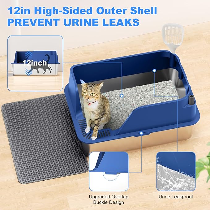 Non-stick Stainless Steel Litter Box, XL Side Opening Splash-Proof & Leak-Proof - Image 4