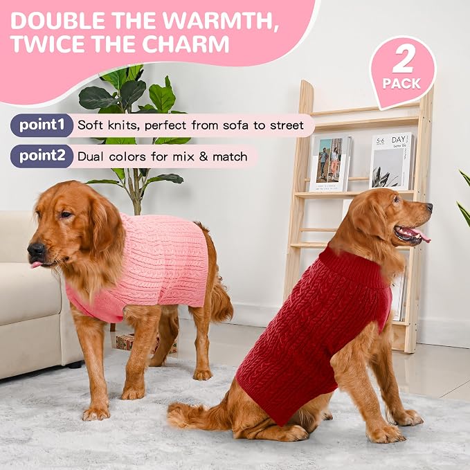 2 Pack Dog Sweaters for Large Dogs Winter Turtleneck Pullover Cable Knit Fleece - Image 2