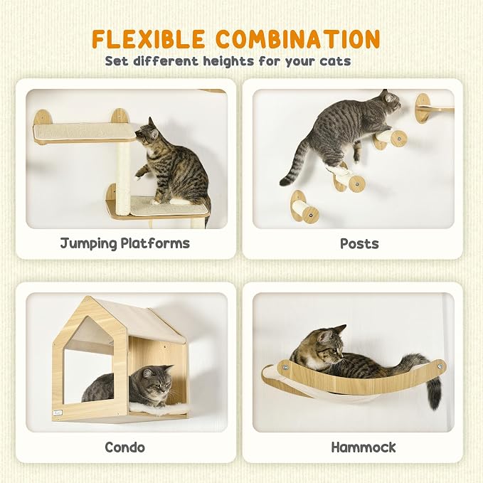 PawHut 8Pcs Wall Mounted Cat Tree Cat Shelf Set, Wall Furniture - Image 4