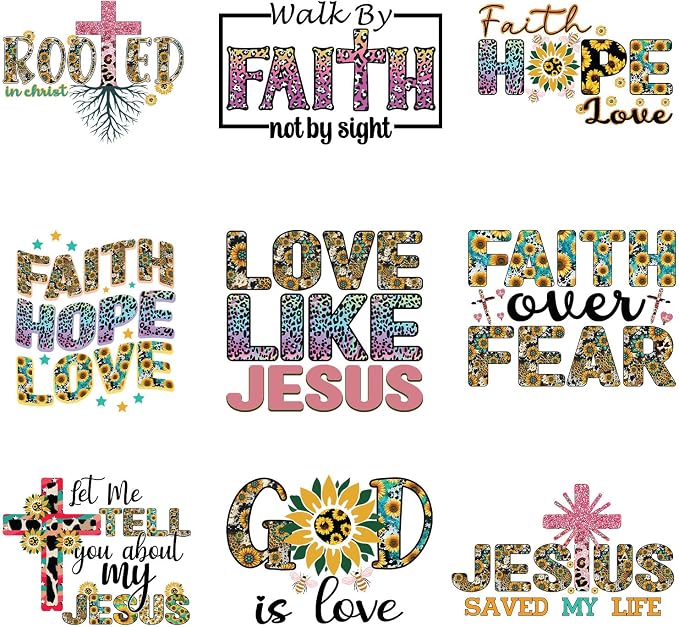 9pcs Faith Jesus Love Iron On Heat Transfer Stickers Ready to Press Vinyl Decal by Amazingxy