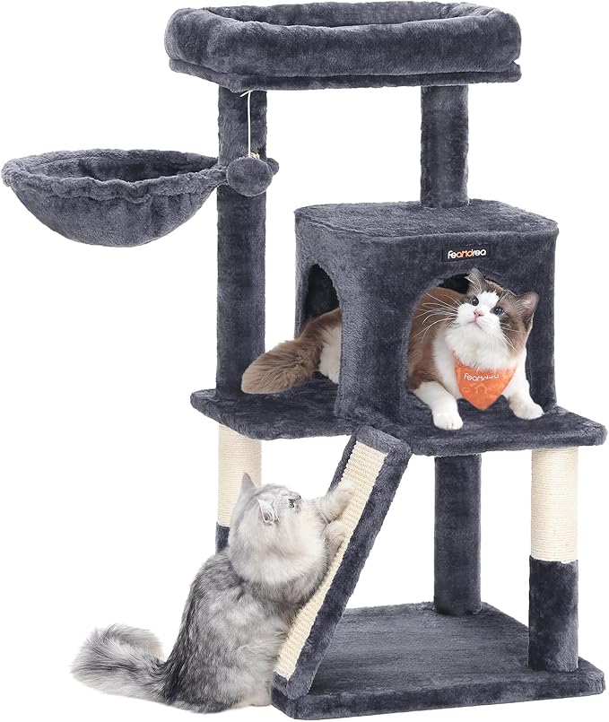 Feandrea Cat Tree, 37.8-Inch Cat Tower, Scratching Posts and Ramp, 2-Door Cave by FeandreabySONGMICSHOME