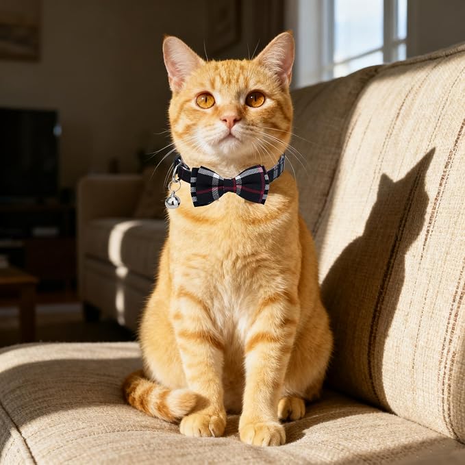Cat Collar 3pcs Set Classical Plaid Tartan Grid Pattern Detachable Bowtie & - Image 3