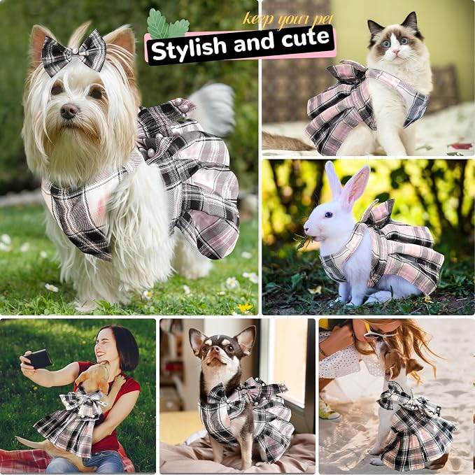 PETCARE Cute Dog Dress Clothes for Small Dogs Cats Girl Female Pink Plaid Bow - Image 2
