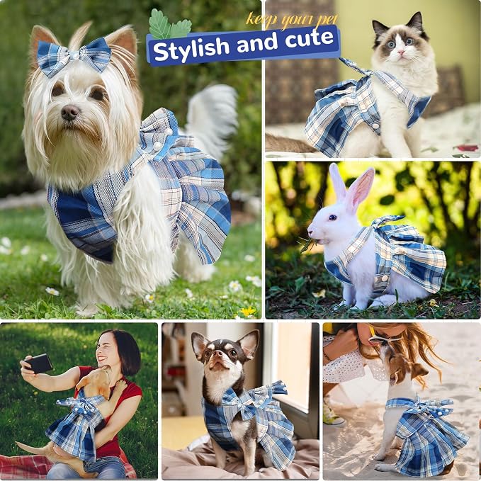 PETCARE Cute Dog Dress Clothes for Small Dogs Cats Girl Female Blue Plaid Bow - Image 3