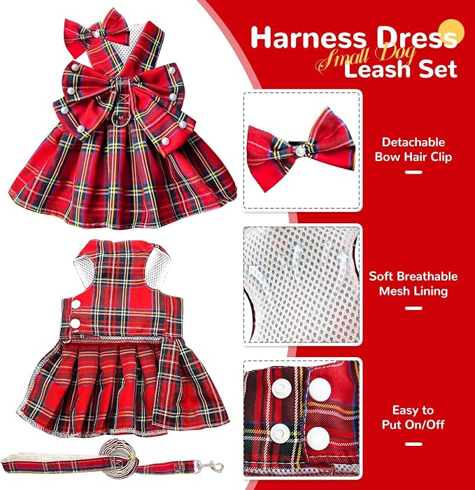 PETCARE Cute Dog Dress Clothes for Small Dogs Cats Girl Female Red Plaid Bow - Image 5
