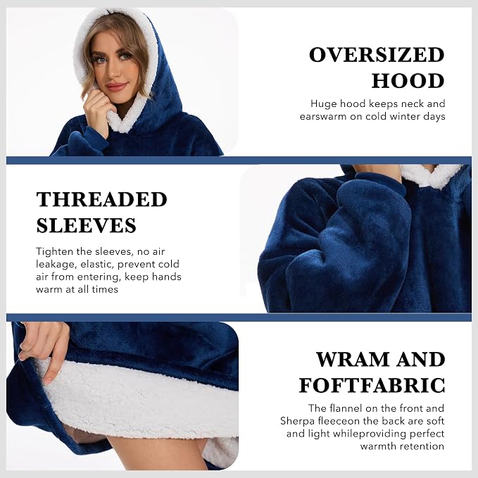 Wearable Blanket Hoodie with Giant Pocket, Soft Warm Sherpa Fleece Oversized - Image 2
