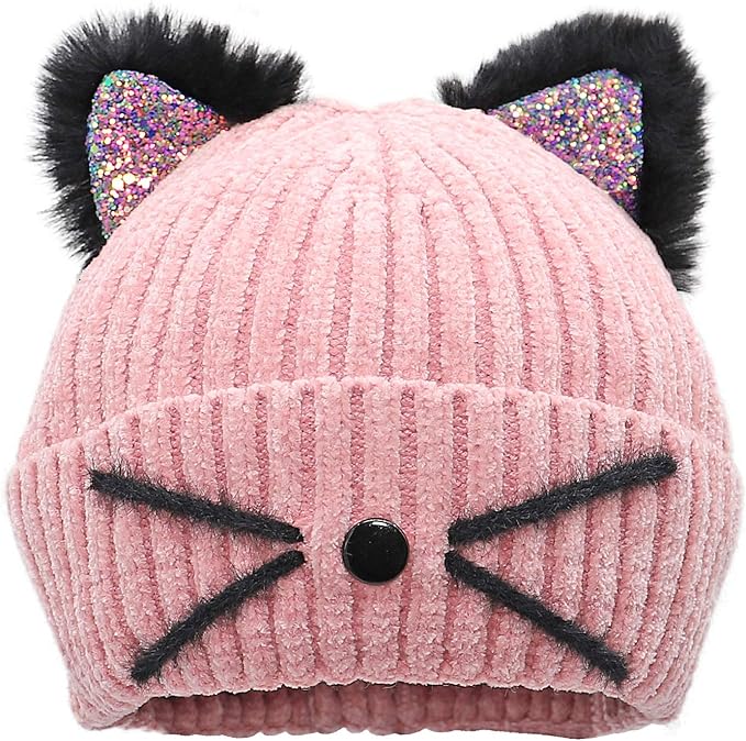 Bellady Mother Children Sequin Cat Ears Hats Warm Knit Crochet Beanies Cute by Bellady