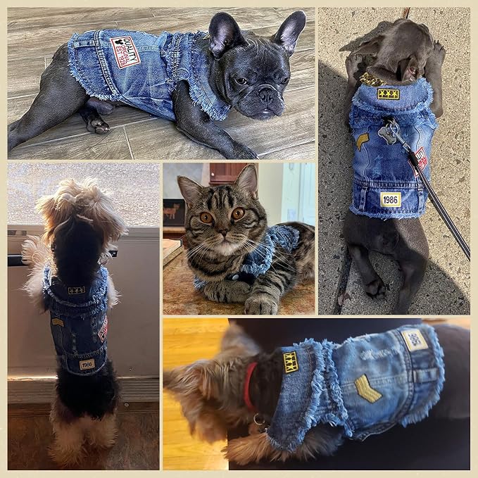 Cool Dog Jean Jacket Small Puppy Outfits Frenchie Clothes Denim Coats - Image 6