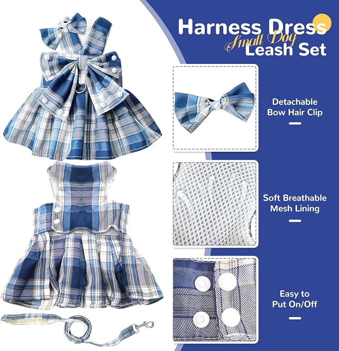 PETCARE Cute Dog Dress Clothes for Small Dogs Cats Girl Female Blue Plaid Bow - Image 5