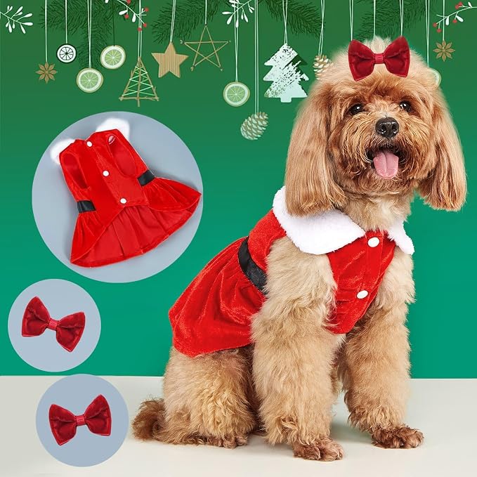Dog Christmas Red Velvet Dress Cute Puppy Xmas Outfits Santa Claus Cat Skirt - Image 3