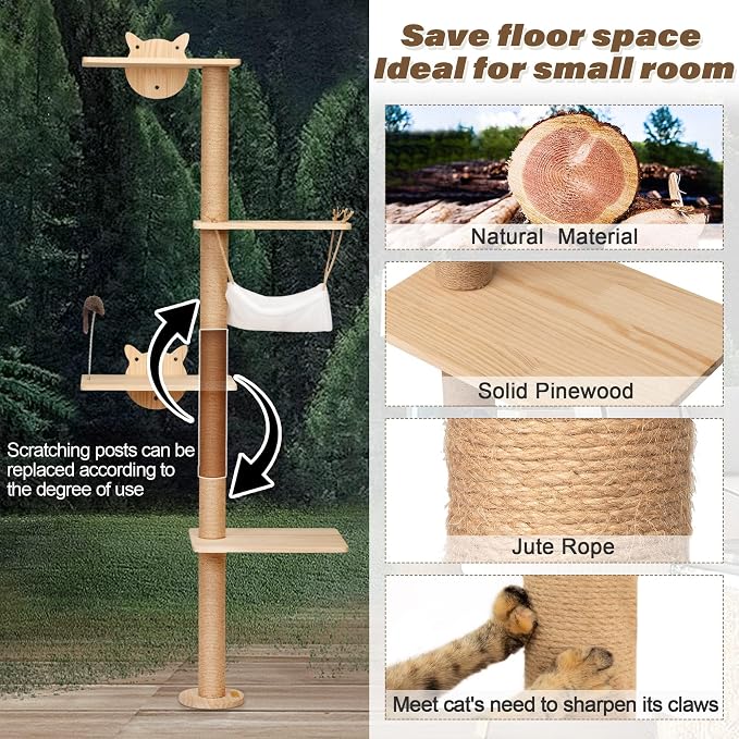 COZIWOW Cat Tree Wall Mounted 4 Tier Cats Climbing Tower 69" Sisal Scratching - Image 9