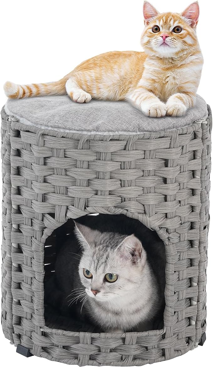 Cat House for Indoor Cat, Small Cat Houses Handwoven PE Rattan Kitten Cave by SETVSON