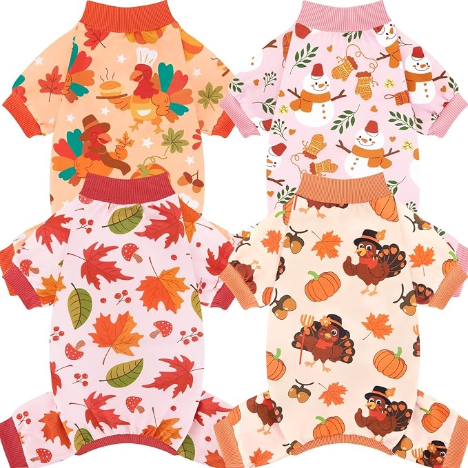 XPUDAC 4 Pack Thanksgiving Turkey Dog Pajamas Soft Strechy Puppy Onesies Funny by XPUDAC