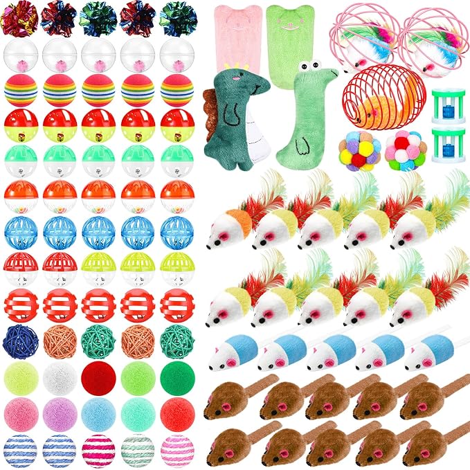 Lenwen 100 Pcs Cat Toys Set Bulk Cat Fur Mice Toys Variety Plastic Ball by Lenwen