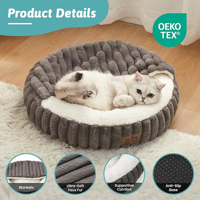 Cat Bed with Hooded Blanket, Round Fluffy Anti-Anxiety Pet Bed - Image 4