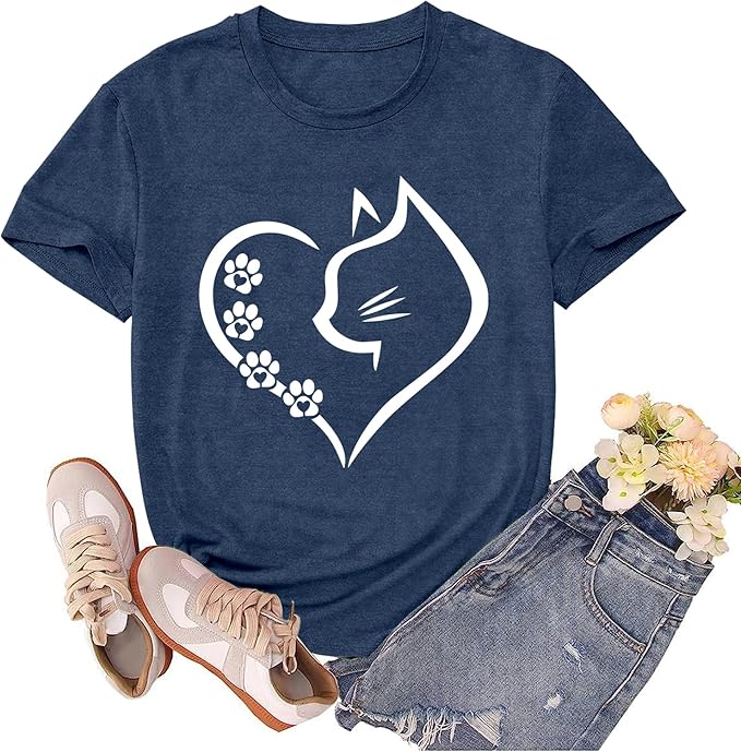 Cat Shirts for Women Cat Mom Tshirts Pet Lover Shirt Cats Paw Print Tee Tops by sallrue
