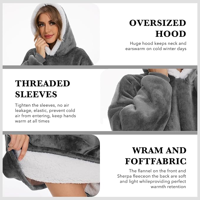Wearable Blanket Hoodie with Giant Pocket, Soft Warm Sherpa Fleece Oversized - Image 2