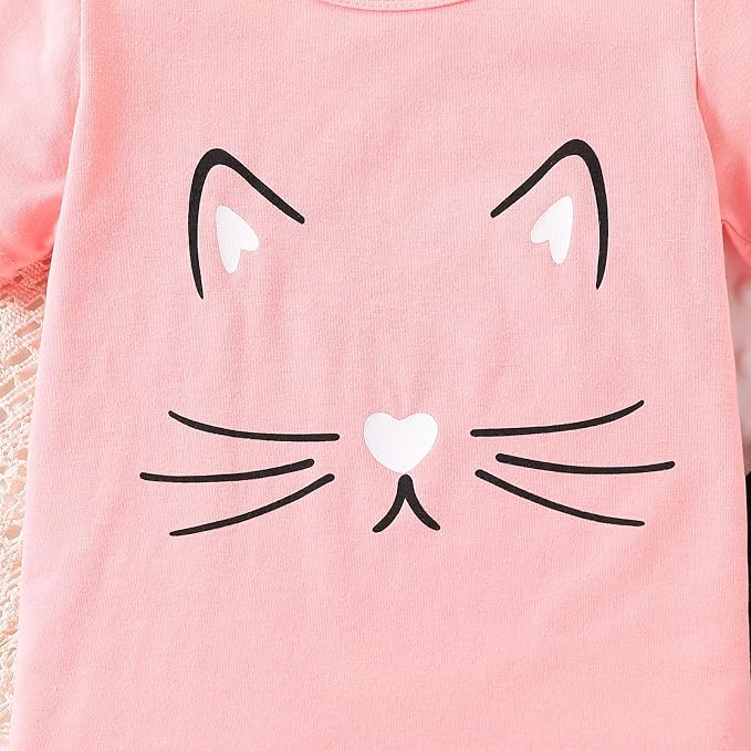 4-8T Toddler Girl Clothes Cat face print Short Sleeve Top+Pants Outfits Girl - Image 3