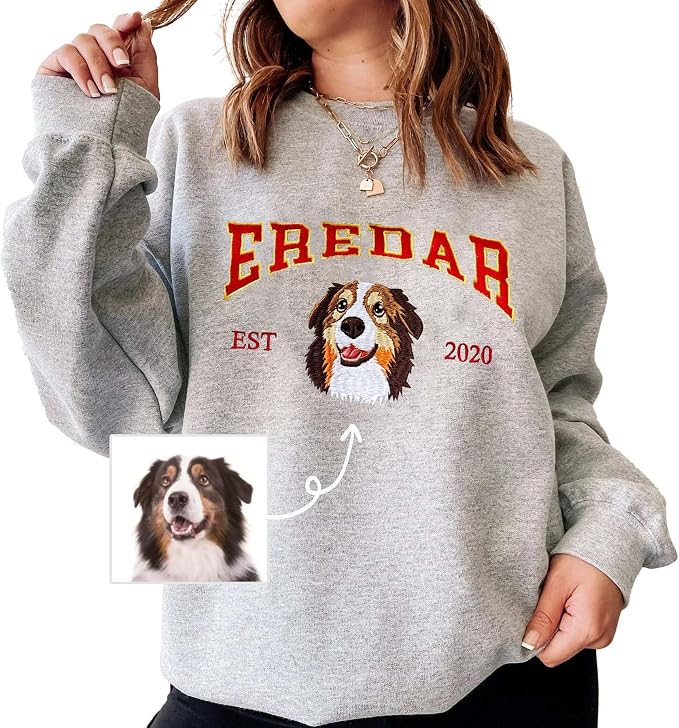 Custom Dog Portrait Embroidered Sweatshirt Pet Photo Embroidery Design Your Pet by ROSLILY
