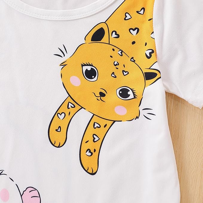 4-8T Toddler Girl Clothes Cat face print Short Sleeve Top+Pants Outfits Girl - Image 3