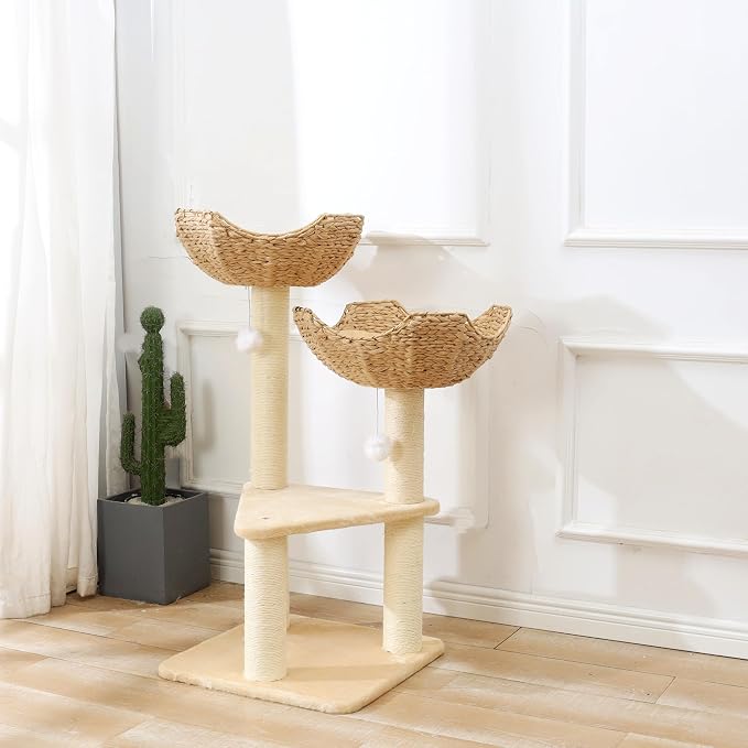 SHENGOCASE Cat Tree Tower with Rattan Wicker Basket, 2 Large Nest Baskets Bed - Image 7