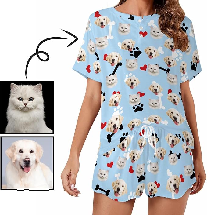 Custom Short Pajamas Set with Face Photo Women‘s Sleepwear Tee Personalized PJ - Image 2