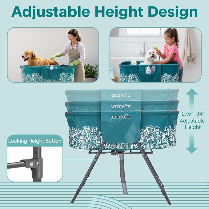 SereneLife Foldable Dog Bath Tub with Adjustable Height, 360° Access, Drain Hose & Storage Pockets – 130 lb Capacity Grooming Station for Indoor/Outdoor Use (Blue) - Image 4
